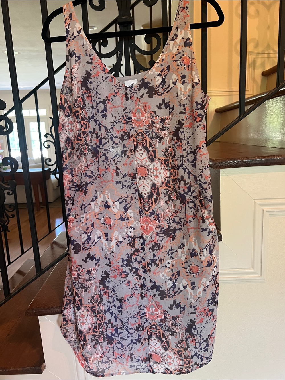 CAbi Sleeveless Mini Dress in Gray, Coral & Navy Abstract Print